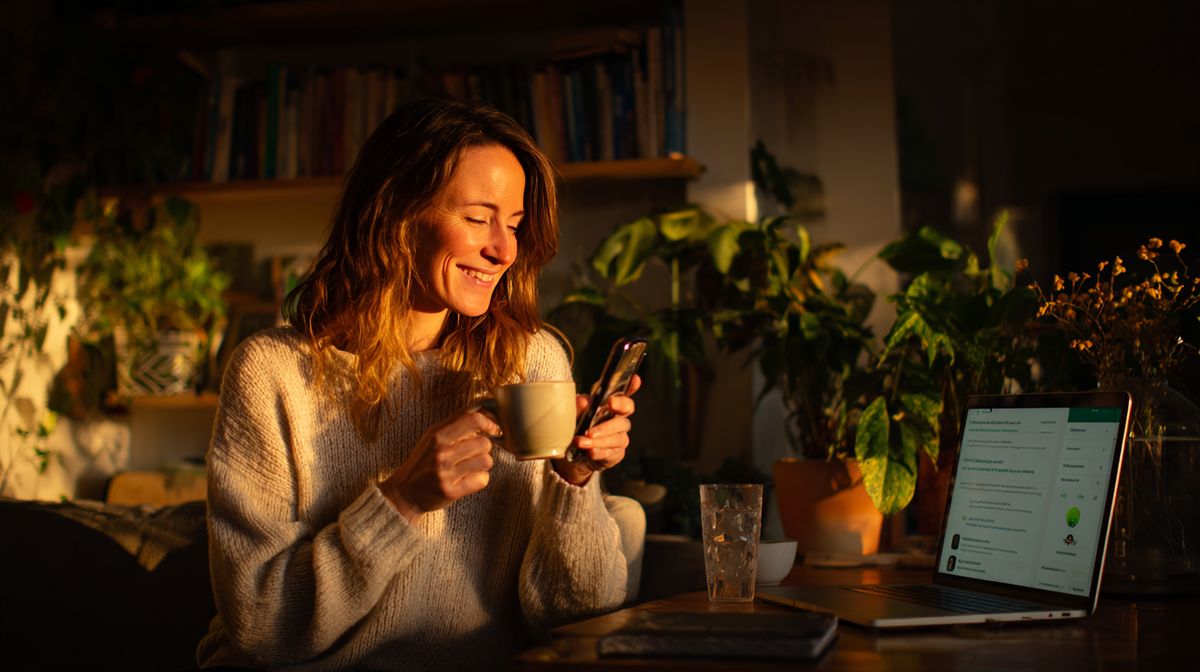 Coach die ontspannen werkt terwijl automatische systemen op de achtergrond draaien