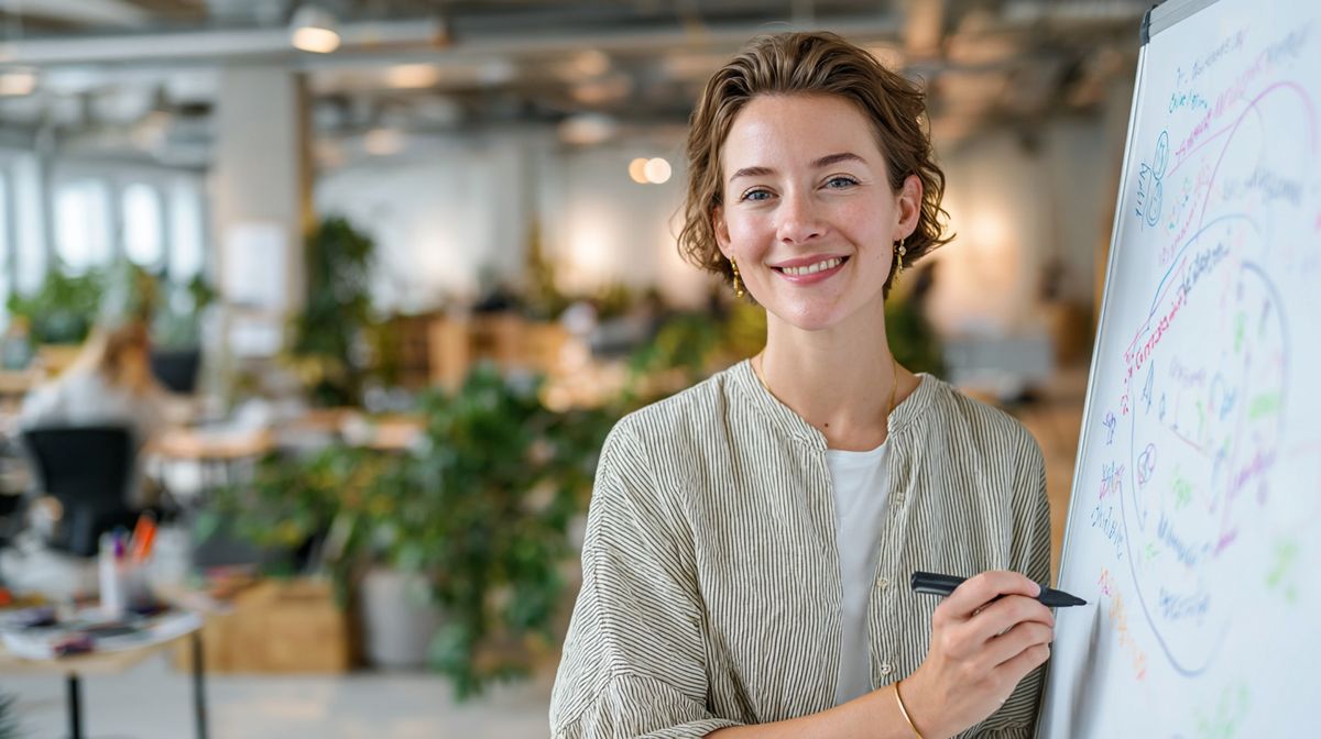 Coach werkt aan onweerstaanbaar aanbod op whiteboard met transformatie-framework