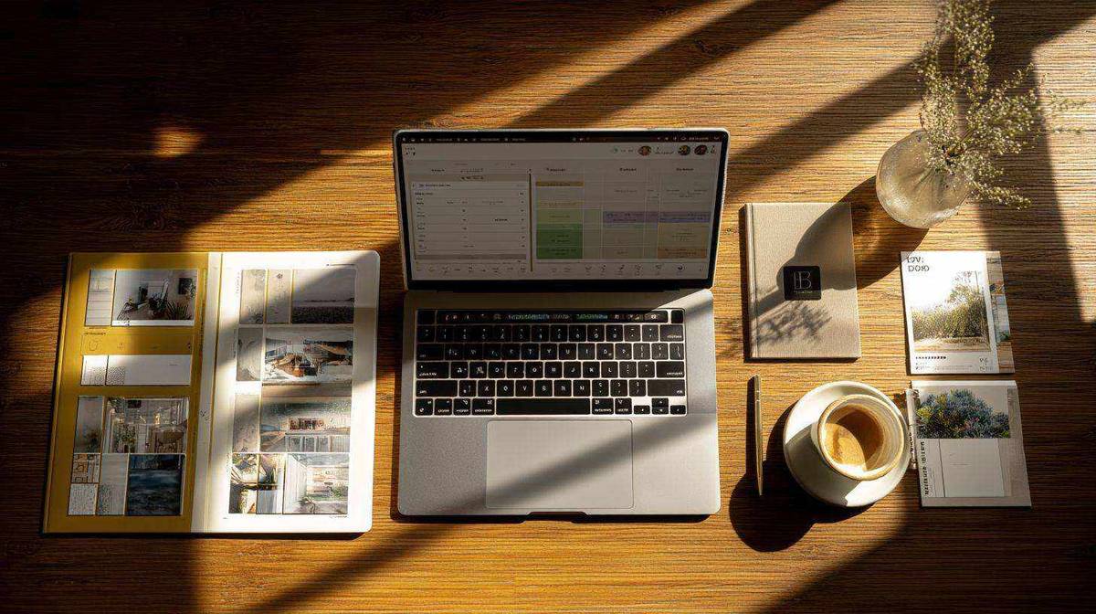 Coach aan het werk achter laptop met strategisch plan voor het opbouwen van een coachingpraktijk