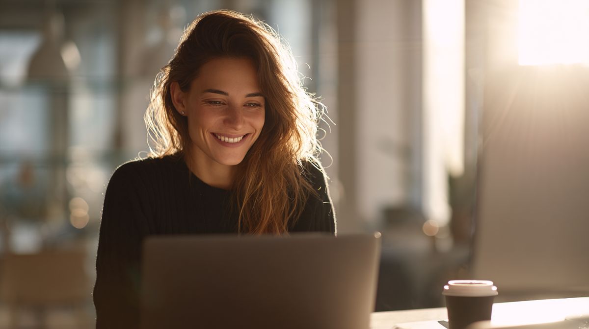 Coach die met een glimlach werkt aan haar email campagne op laptop in een moderne werkplek