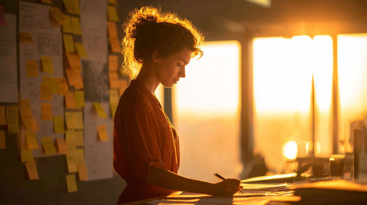 Coach bekijkt strategisch plan aan stabureau met vision board