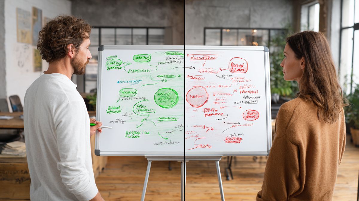 Vergelijking op whiteboard tussen ideale klant en anti-klant kenmerken