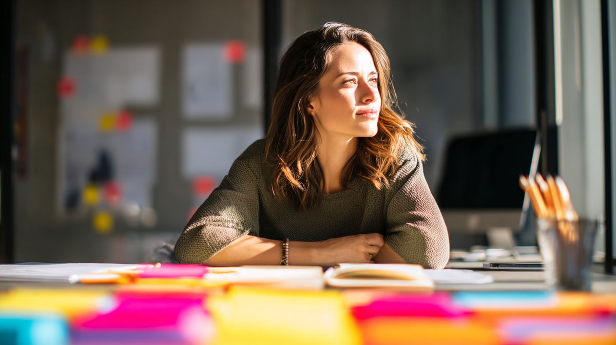 Coach die een gedetailleerd klantprofiel uitwerkt op haar bureau met post-its en notities