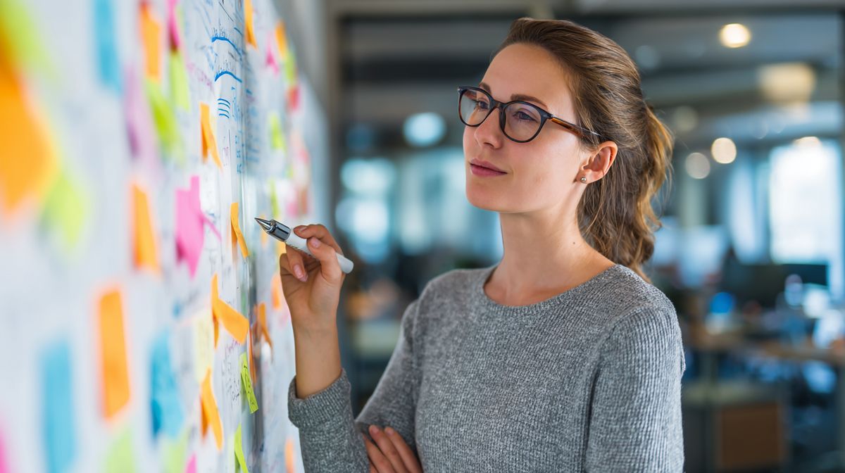 Coach die een marketingstrategie uitwerkt op een groot whiteboard met post-its en planning