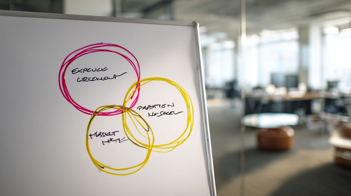 Venn-diagram met drie overlappende cirkels: expertise, passie en marktbehoefte