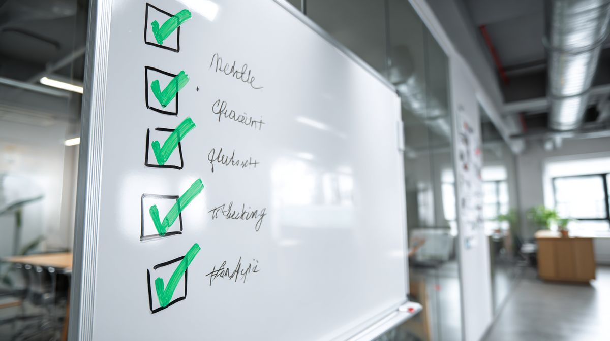 Checklist op whiteboard voor niche-validatie met groene vinkjes