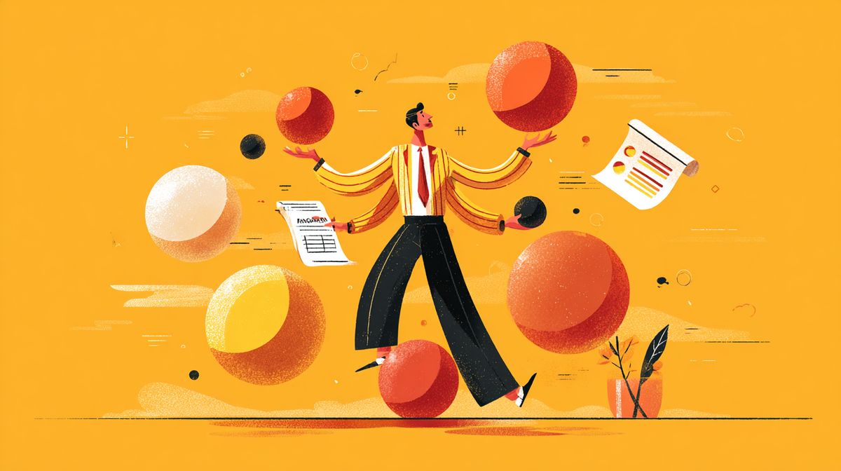 Coach jongleert met business taken — marketing, sales, administratie, content