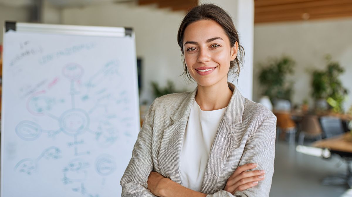 Zelfverzekerde coach met businessstrategie op whiteboard