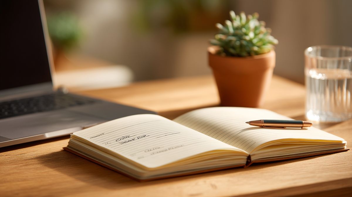 Notitieboek met simpel uitgewerkt coaching aanbod op een opgeruimd bureau