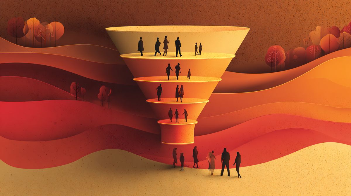 Visuele weergave van een coaching sales funnel met vier fases van onbekende naar klant