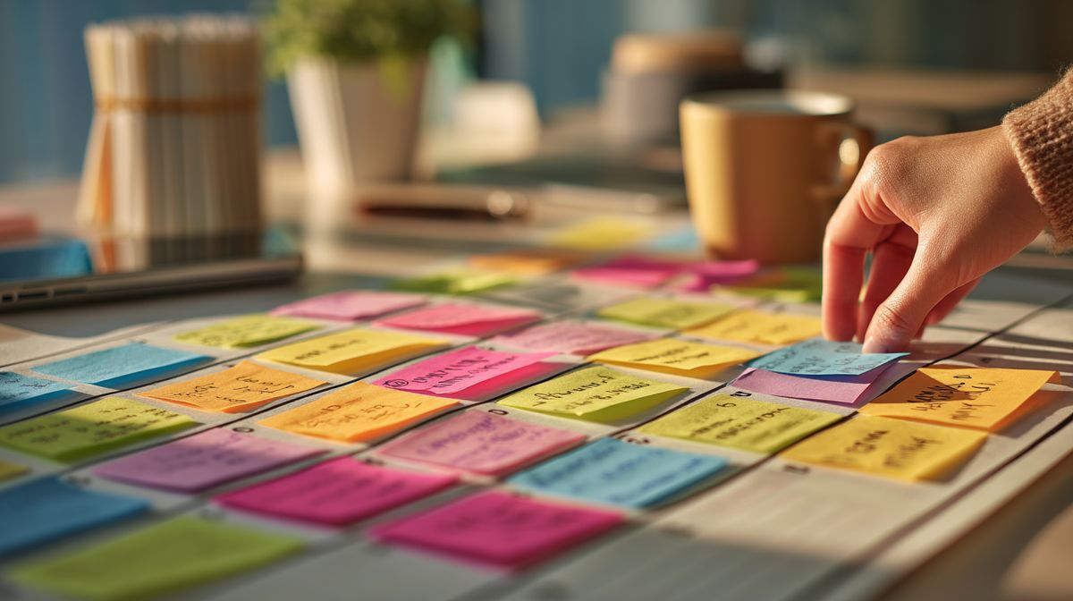 Content kalender op een bureau met gekleurde post-its voor verschillende content categorieën