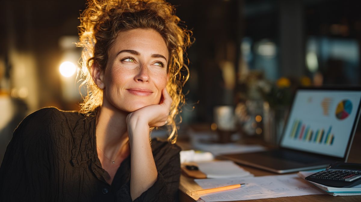 Coach achter laptop met financiële overzichten en calculator, werkend aan haar verdienmodel