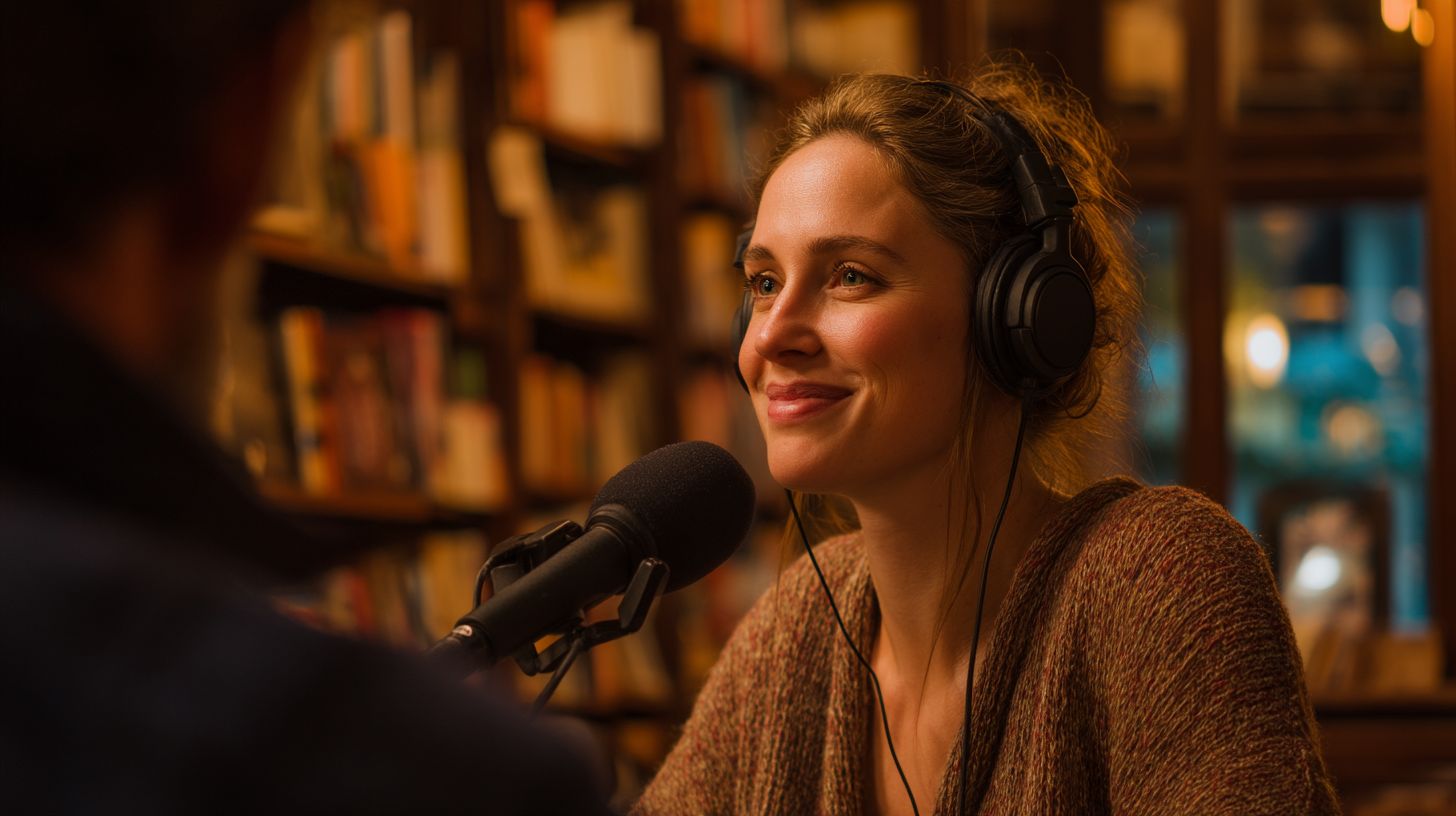 Coach die een podcast opneemt met professionele microfoon in thuisstudio