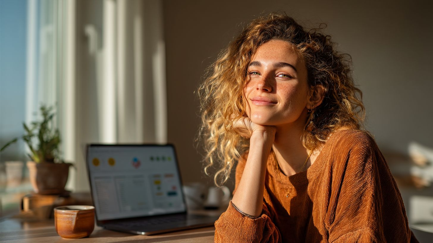 Coach die rustig en tevreden achter een opgeruimd bureau zit met ochtendlicht
