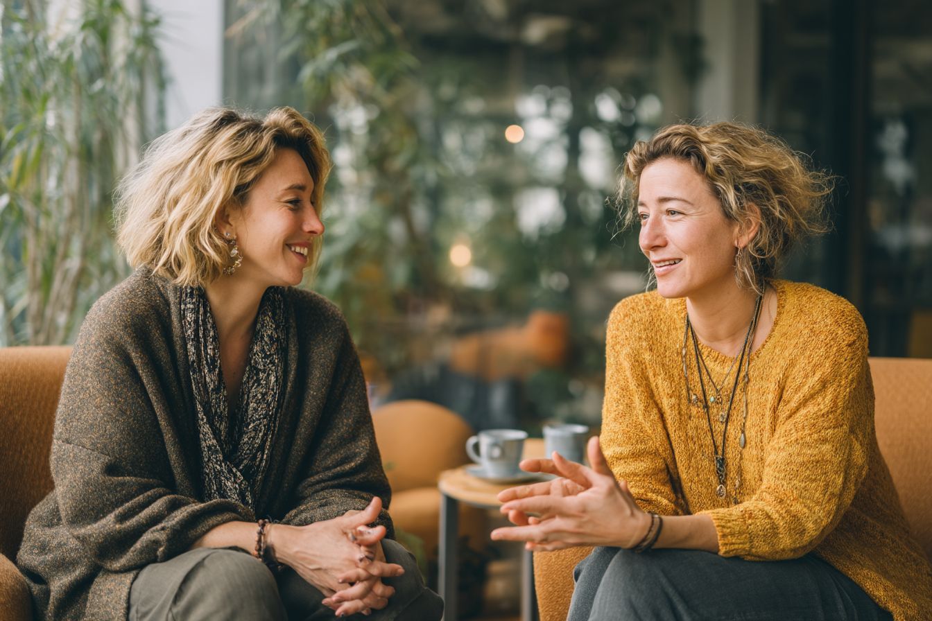 Twee vrouwen in een warm coachgesprek in een lichte, moderne ruimte