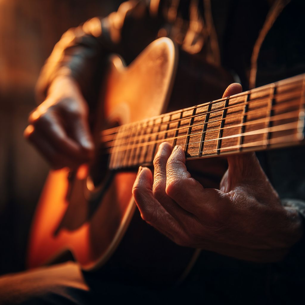 Close-up van handen die een akoestische gitaar bespelen in warm amberkleurig licht