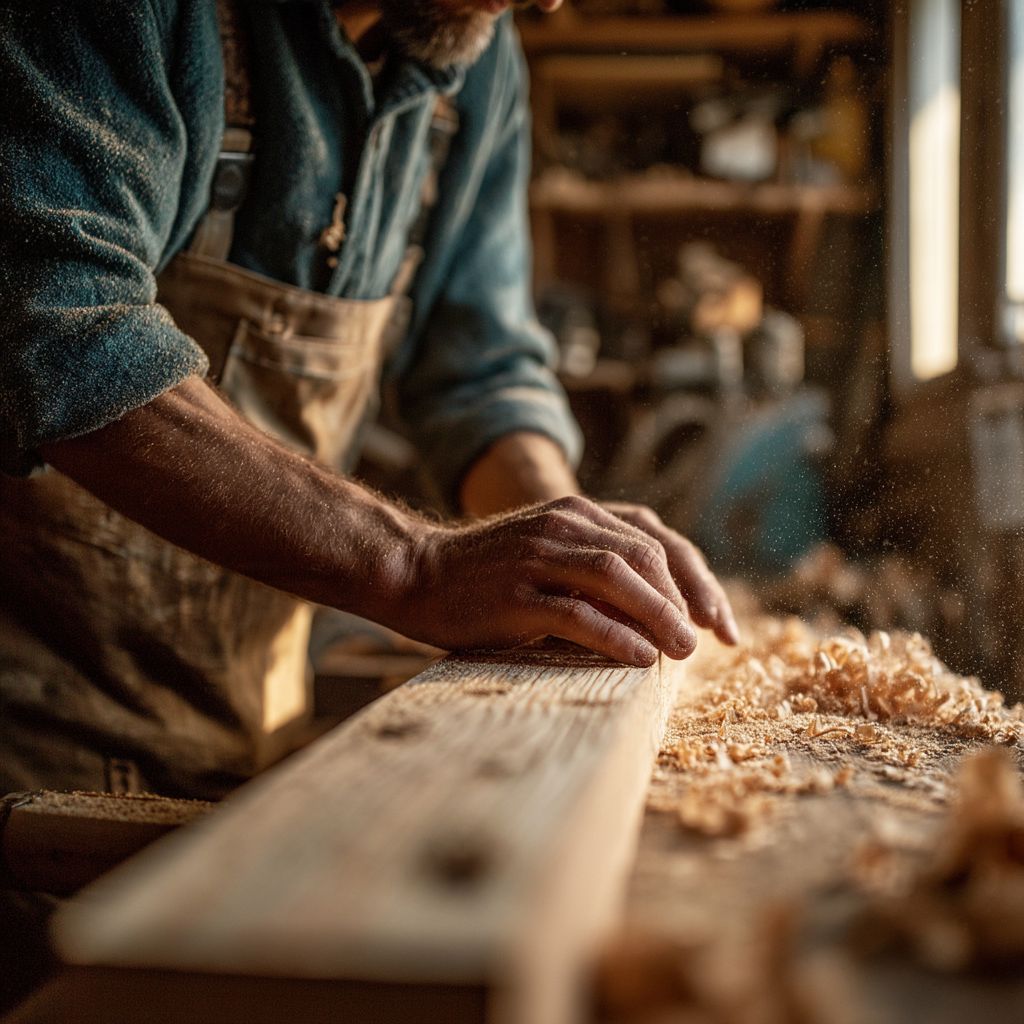 Close-up van handen die werken met hout in een kleine werkplaats