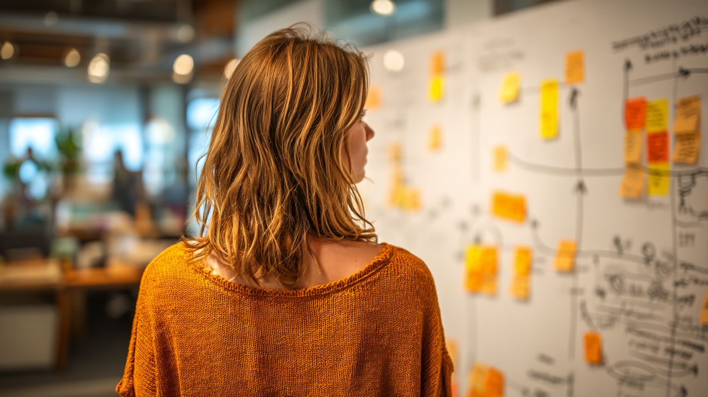 Strategiesessie met whiteboard vol klantreisdiagrammen en sticky notes in warme kleuren